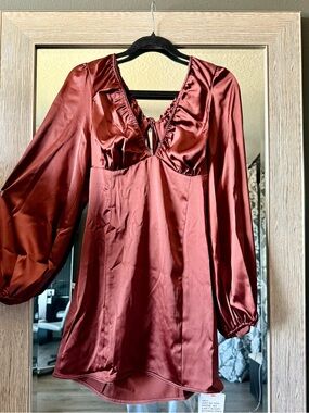 ASOS Chocolate Brown Satin Mini Babydoll Dress Cutout Back Elegant Long Sleeve